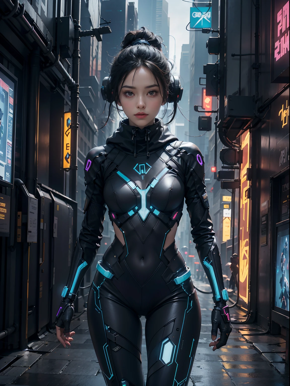 Amidst the towering skyscrapers of a cyberpunk metropolis, a beautiful hacker with half of her face enhanced with cybernetic implants, donned in a futuristic hoodie, manipulating holographic keyboards and interfaces with effortless grace