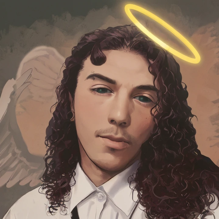 Joven de 18 anos, with a halo on his head and horns and a white shirt, , usando halo de anjo, , Retrato do Anjo da Morte, anjo preciso, macho com halo, possivelmente um anjo, Um anjo, halo de anjo, Jesus Raptor, anjo preciso,