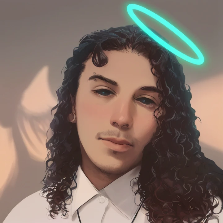 Joven de 18 anos, with a halo on his head and horns and a white shirt, , usando halo de anjo, , Retrato do Anjo da Morte, anjo preciso, macho com halo, possivelmente um anjo, Um anjo, halo de anjo, Jesus Raptor, anjo preciso,