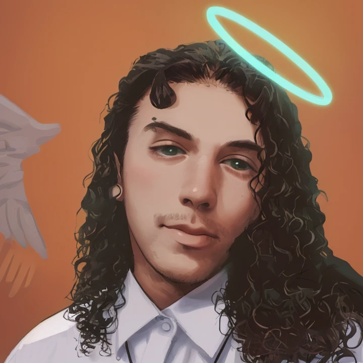 Joven de 18 anos, with a halo on his head and horns and a white shirt, , usando halo de anjo, , Retrato do Anjo da Morte, anjo preciso, macho com halo, possivelmente um anjo, Um anjo, halo de anjo, Jesus Raptor, anjo preciso,