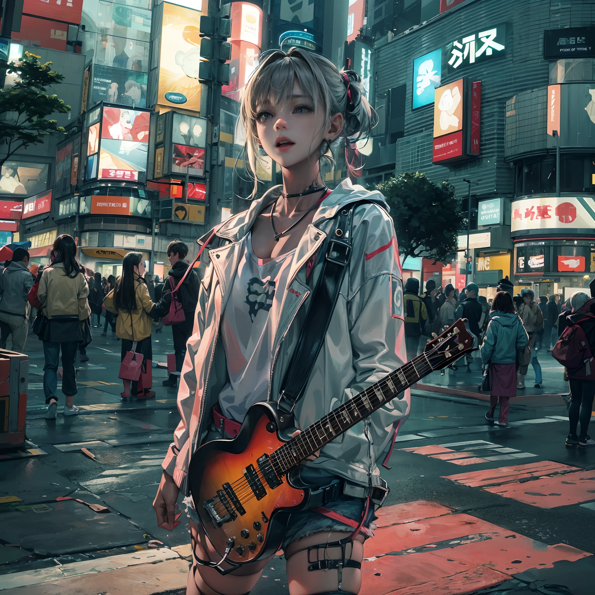 Cinematic lighting,super detailed skin、Beautiful detailed eyes、Best Quality,Perfect Anatomy,(Alternative、dim colors, Soothing tones:1.3),(Detailed beautiful facial features:1.3)A cyberpunk girl who appeared at the intersection of modern Shibuya in the early morning, (plays the guitar:1.6)Lively、Acrobatic(sings、Enthusiasm、emotional、sing happily:1.5)The center of the empty Shibuya scramble crossing at sunrise、Highly detailed feet.fullllbody