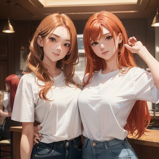 Create realistic photo, medium range, high-detailed, crisp images that depict two different college girls named stay in the coffee cafe.,  ((2(19-year-old beautiful female college student with red gold hair, wear a white t-shirt), stand behind a woman (19-year-old sexy femal with big noop, long golden hair, wear a white t-shirt, blue jean)), Radiate confidence and a radiant attitude., Gather reserved gestures., Capture the essence of their distinct personalities through costume and body language.. The image should represent a sense of authenticity and vitality., It allows viewers to appreciate the nuances of these captivating characters.."