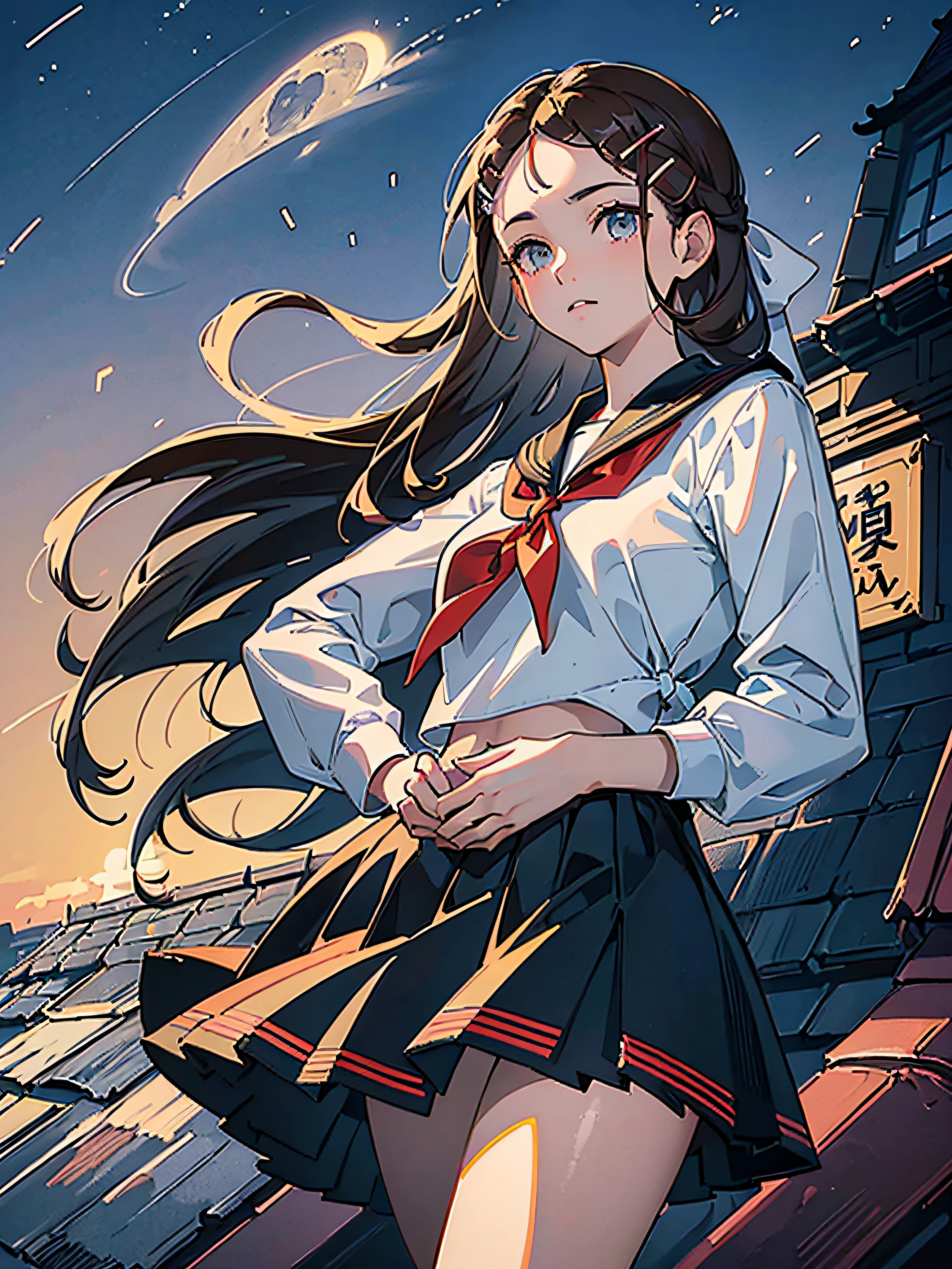 (top-quality、masterpiece)、1girl in、A stunning、((A dark-haired))、barechested、(((Brown skin tone)))、sun burn、Mole、(((Colossal tits)))、large full breasts、Sheer areol、Sheer uniform、shool uniform、neck tie、I can see my chest a little、teats、The areol