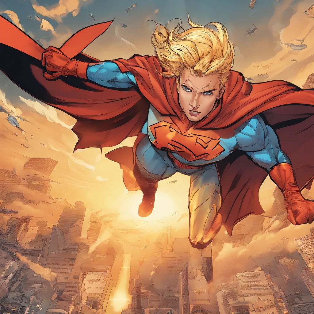 female Omni-Man from Invincible,muscular,short bob-cut blonde hair,(perfect eyes),(masterpiece:1.2),(heroic pose),(wearing cape),(detailed facial features), (sharp focus),vivid colors,studio lighting,(physically-based rendering),superhero,action-packed scene,city skyline in the background,flying in the air,debris and dust particles, (ultra-detailed),(realistic),(HDR),(extreme detail description),powerful expression,confident stance,devastation and destruction,sunlight shining through the clouds,dynamic composition, (highres,4k),intense energy emanating from the character