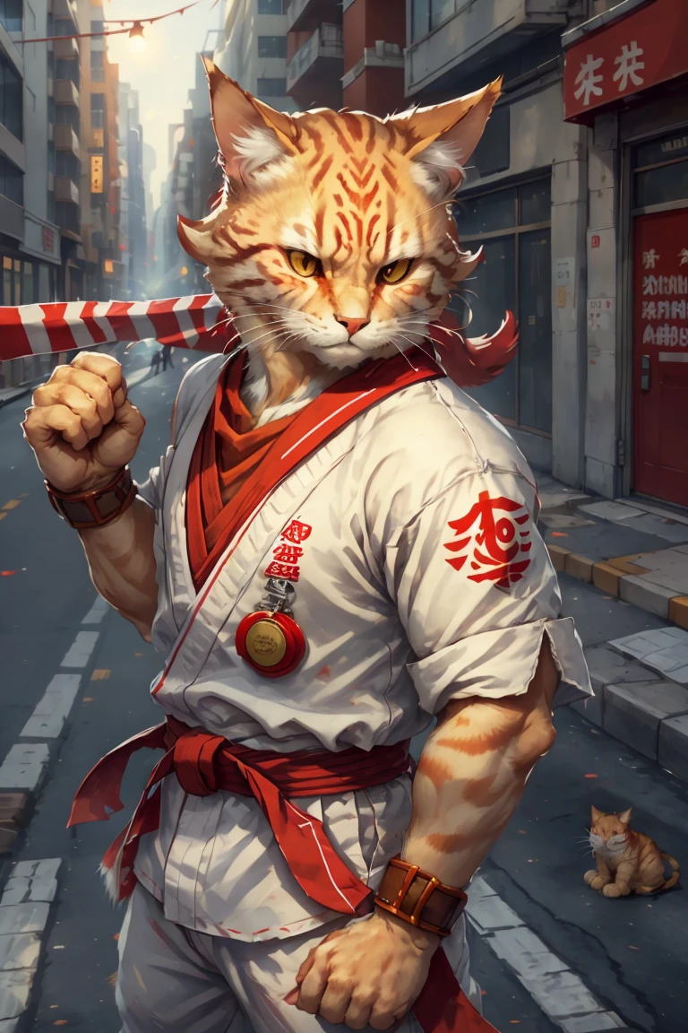 c4ttitude, wearing white karate outfit, red bandana, focusing energy, street fighter