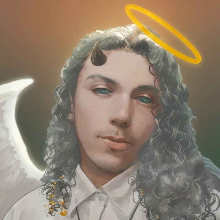 Joven de 18 anos, with a halo on his head and horns and a white shirt, , usando halo de anjo, , Retrato do Anjo da Morte, anjo  preciso, macho com halo, possivelmente um anjo, Um anjo, halo de anjo, Jesus Raptor, anjo preciso,