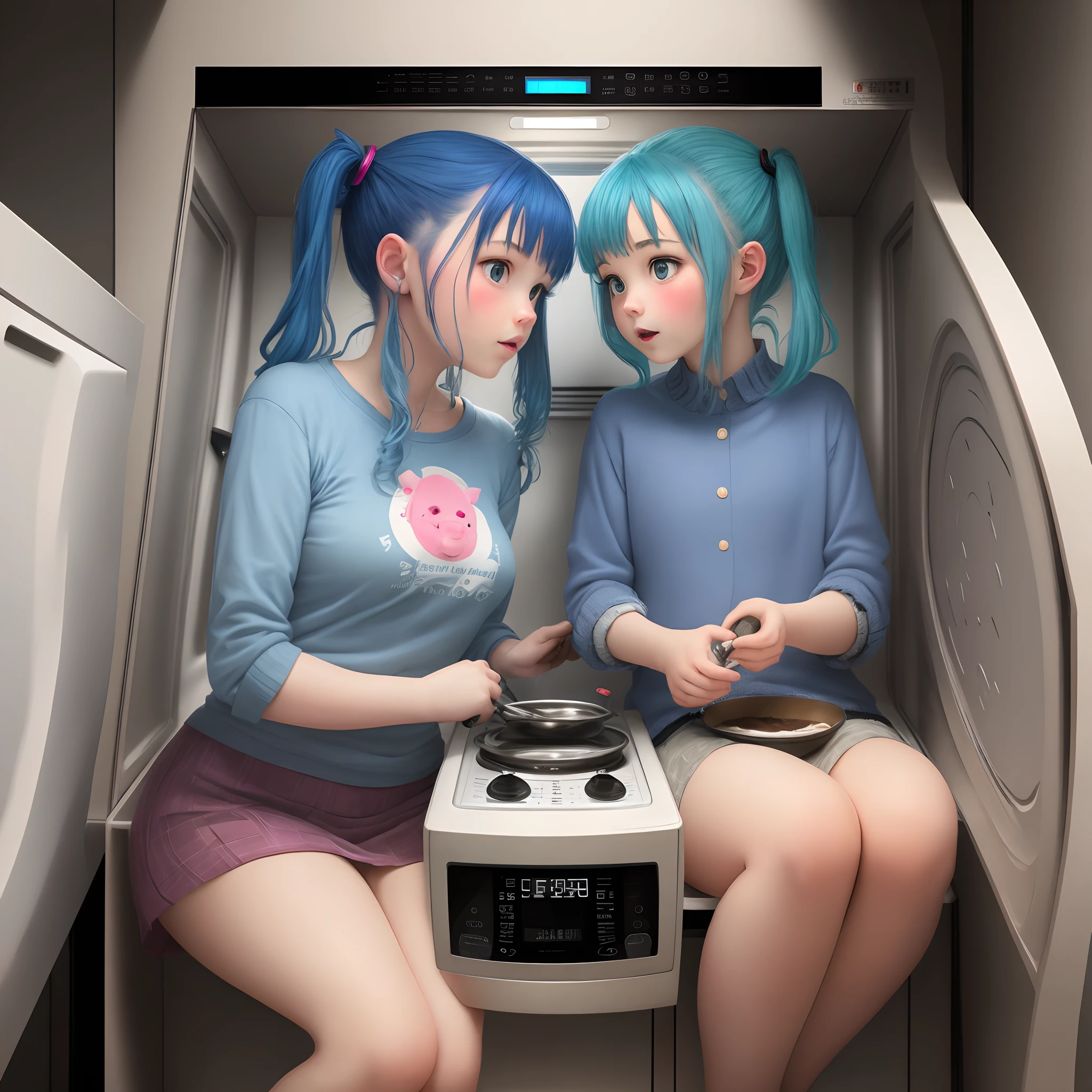 girl with blue hair and pigtails sitting in a microwave