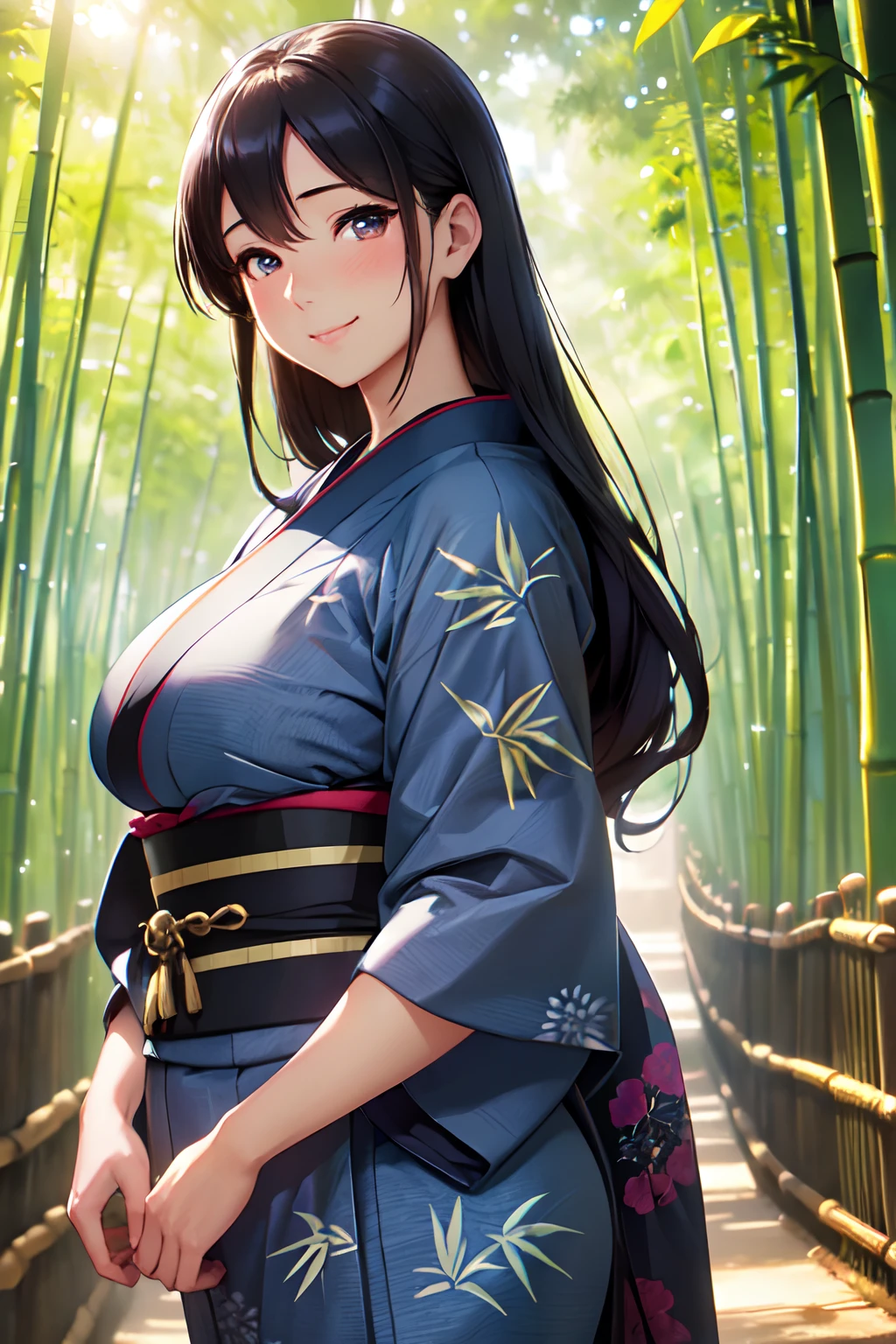 (High quality, High resolution, Fine details, Realistic), Bamboo grove path, indigo Kimono, (Avert eyes), solo, Curvy women, sparkling eyes, (Detailed eyes), smile, blush, Large breasts, Calm atmosphere, Soft tones, Soft light