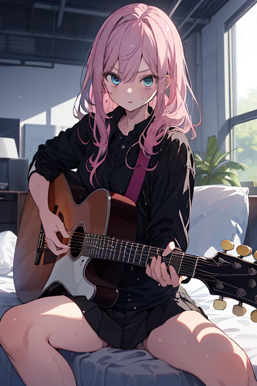 ((masterpiece,best quality))1girl, solo, black shirt, white skirt, blue eyes, long pink hair, playing guitar, pleated skirt, indoors, (sitting on bed, m shaped spreading legs:1.5, wet panties, seriously face:1.5, ),