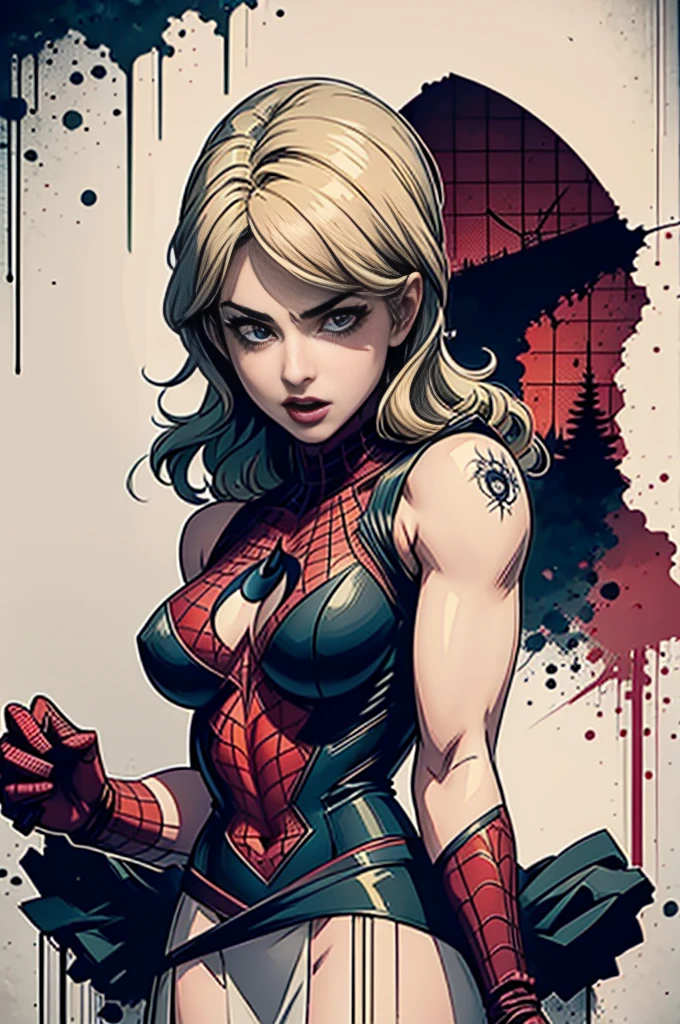 Emily Bett Rickards、Sticking out the navel、newyork、She wears a torn Spider-Man suit,wearing skirt、 Red and black color scheme,Dynamic、​masterpiece、top-quality、ultra-detailliert、ighly detailed、beautiful detailed brilliance、超A high resolution