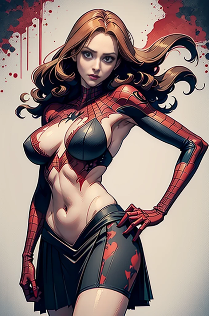 Catherine McNamara、Sticking out the navel、newyork、She wears a torn Spider-Man suit,wearing skirt、 Red and black color scheme,Dynamic、masterpiece、top-quality、ultra-detailliert、ighly detailed、beautiful detailed brilliance、超A high resolution