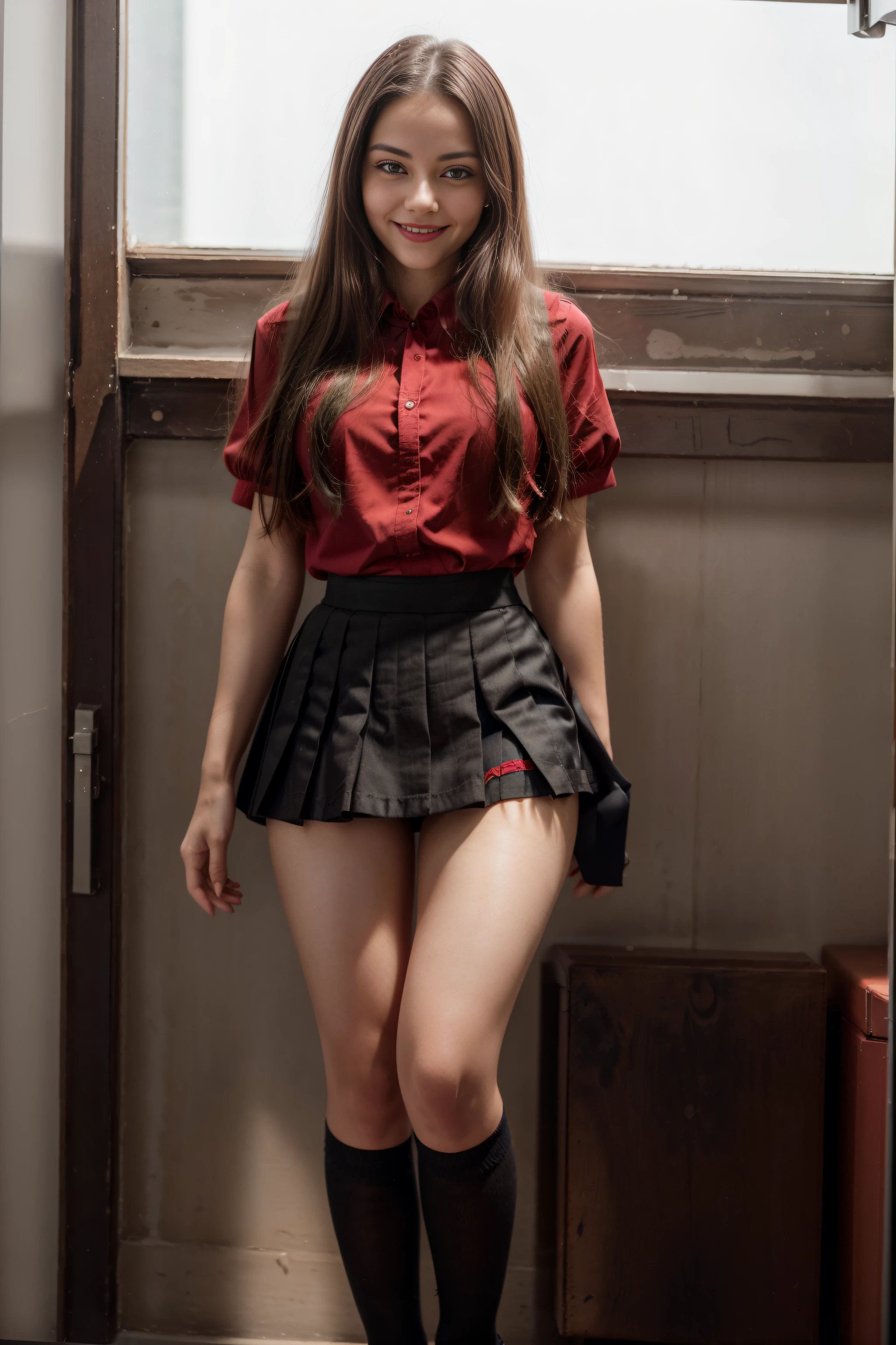 1girl 18 years old, dark long hair, red eyes, almond-shaped eyes, voluminous red lips,, Smiling, perfect figure, in a high school uniform, wearing a stocking above the knees, wearing a short skirt, Upskirt Point of View, you can see panties, black panties, 8K HD, dinamic lighting