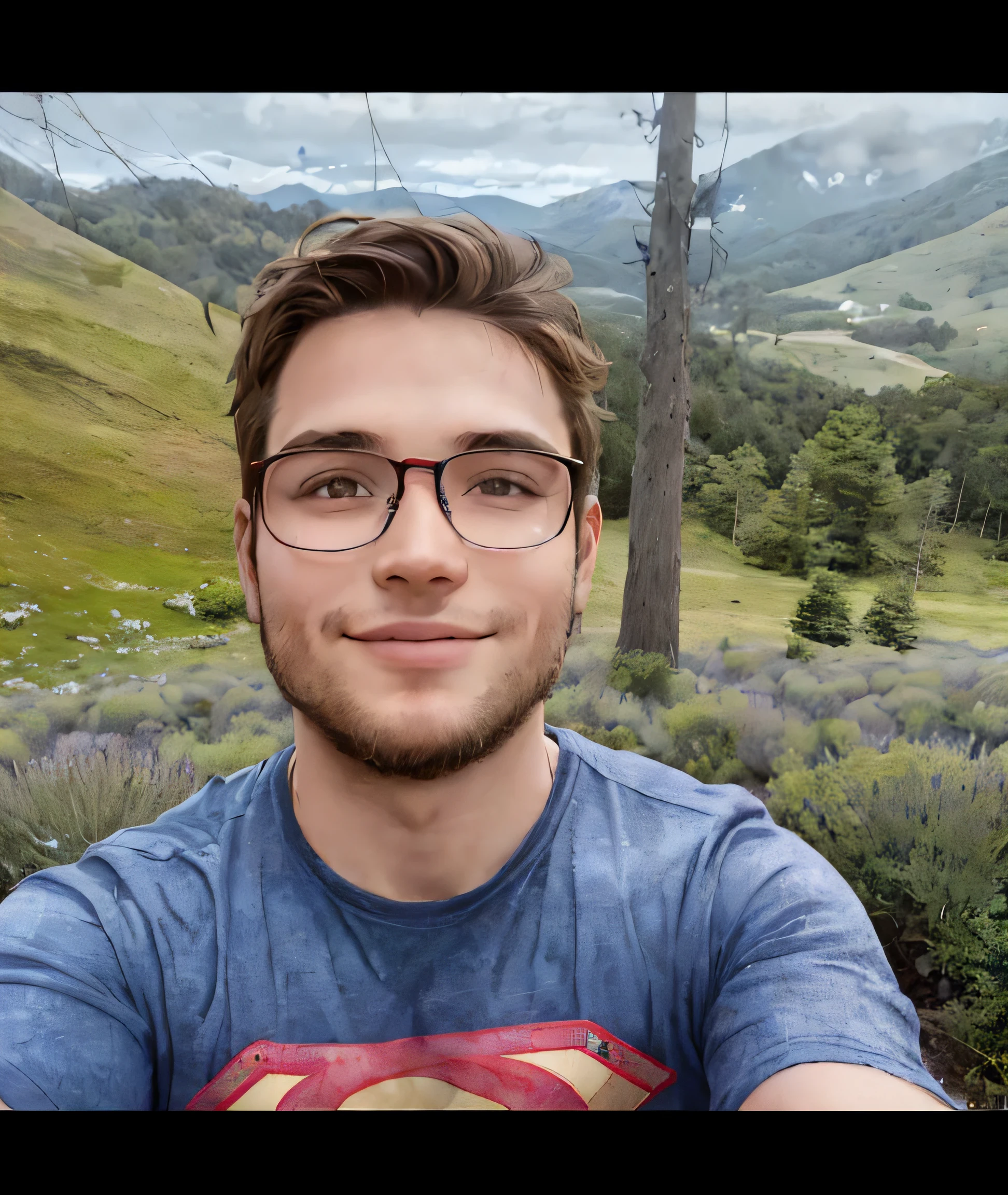 Blonde man with glasses, olhos azuis, covinha nas bochechas, sorriso leve e uma camiseta do Superman tirando uma selfie, com montanhas ao fundo, Lavender Flowers Next, Colinas ao fundo, imagem do avatar, com montanhas no fundo, Forrest em segundo plano, Montanhas ao fundo, Forrest em segundo plano, Streamer do Twitch / Jogador Ludwig, com montanhas como pano de fundo, algumas montanhas ao fundo, em frente a um fundo de floresta