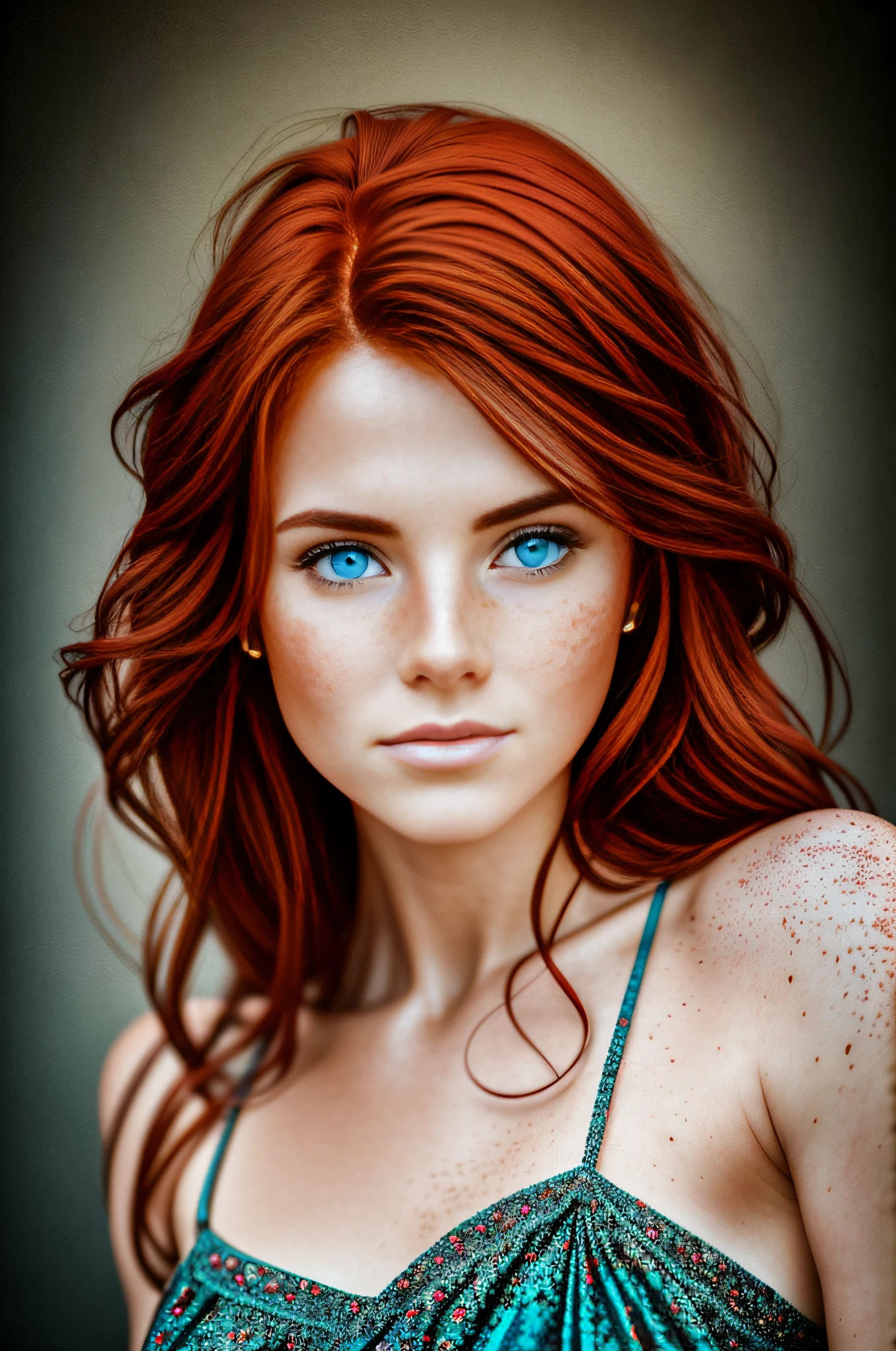 Masterpiece, absurd, award-winning photo, extremely detailed, astonishing, fine detail, extremely detailed eyes and face, by Lee Jeffries Nikon D850 Film Stock Photography 4 Kodak Portra 400 Camera F1.6 Lens Rich colors Hyper realistic Realistic texture Dramatic lighting Unreal lightingtrending engine on ArtStation Cinestill 800 tungsten, beautiful red-haired hld_woman, a woman in dress posing for a photo, hld_face perfect, perfect hld_body, freckles