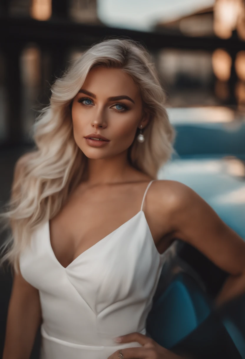 realistic white female instagram influencer, best quality, blonde, 1 girl, blue eyes, in white tight short dress