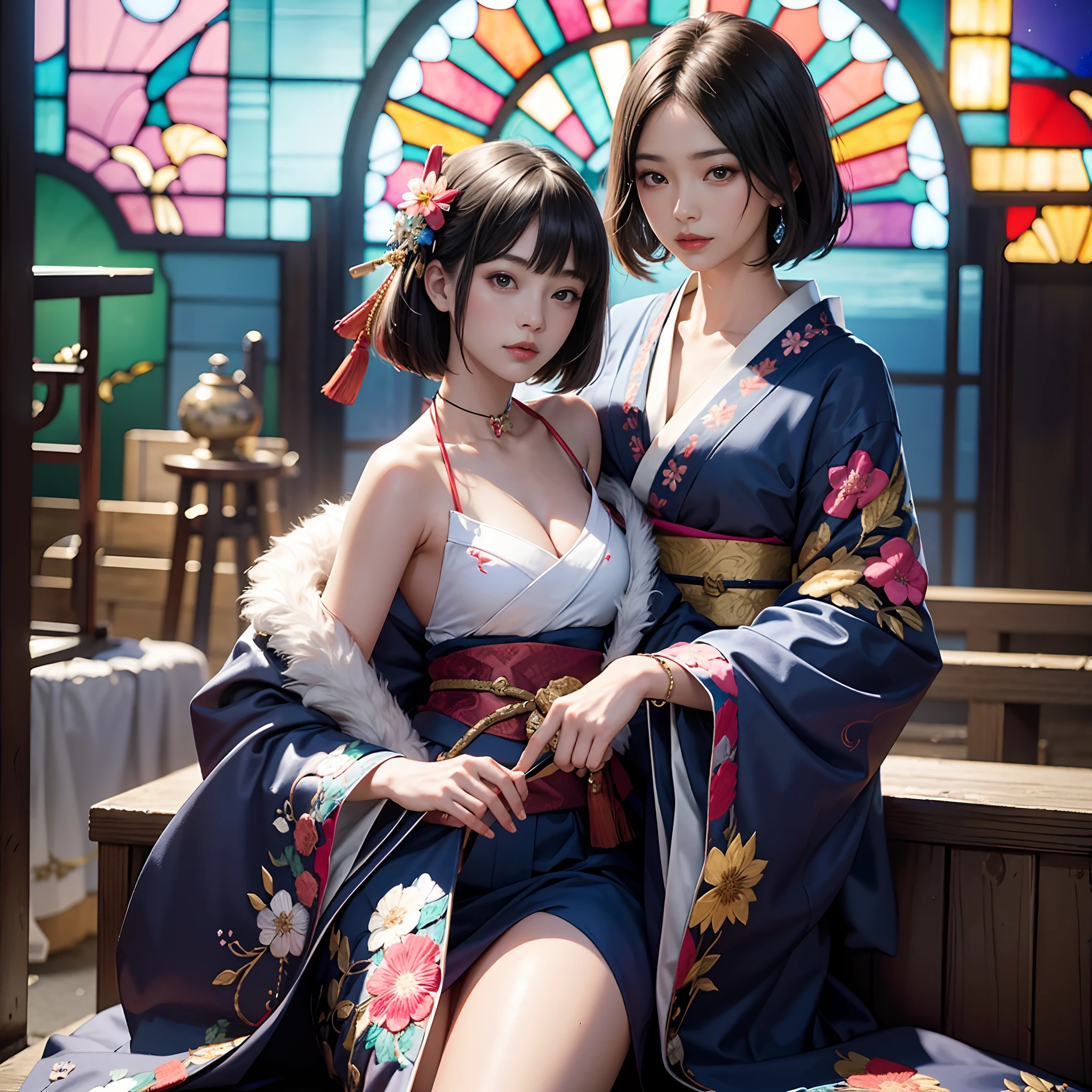 Background of details(Intricate stained glass),BREAK ,elaborate costume(Luxurious Japan kimono(Colorful kimono(detailed embroidery()))),BREAK,(1 Beautiful and classy adult woman(Shy smile:1.2)(Japanese actressl:1.2)(A dark-haired:1.2(short-hair:1.2))),(eye glass:1.2),(Praying to stained glass),BREAK,Wallpapers 16K,Blur the background,)(masutepiece,Best Quality,Portrait photos):1.5),full body Esbian,3D Pixel Art