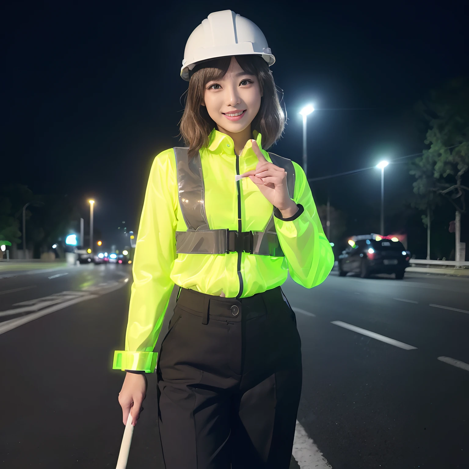 (((Best Quality, masutepiece, 超A high resolution、The most complex and detailed depictions)))、(1 Female traffic mechanic、1 Female traffic mechanic、smil、Beautiful smile、Standing at an angle on the road at night、Standing on the side of the road、Raise it a little、Stand on the edge of the road、Perform a transportation update、Women engaged in transportation maintenance)、((((Dressed as a traffic mechanic))))、(((Security guard style long sleeve navy shirt、Long sleeve shirt、Navy Uniform Trousers、Reflective materials、Wear a safety vest、Construction safety vest、wearing helmet、He wears a white helmet on his head、Wear an armband on your arm、He has one glowing security stick、Precise baton１Having one、Grip one thick glowing stick、Hold one glittering baton)))、straight haired、Smile at the camera、Perfect gas chamber、a dark night、background is city at night、standing on the road、Take a photo above from your lap、Perfect fingers、large full breasts、Emphasize body lines、Perfect shiny hair and skin、perfect anatomia、short-hair