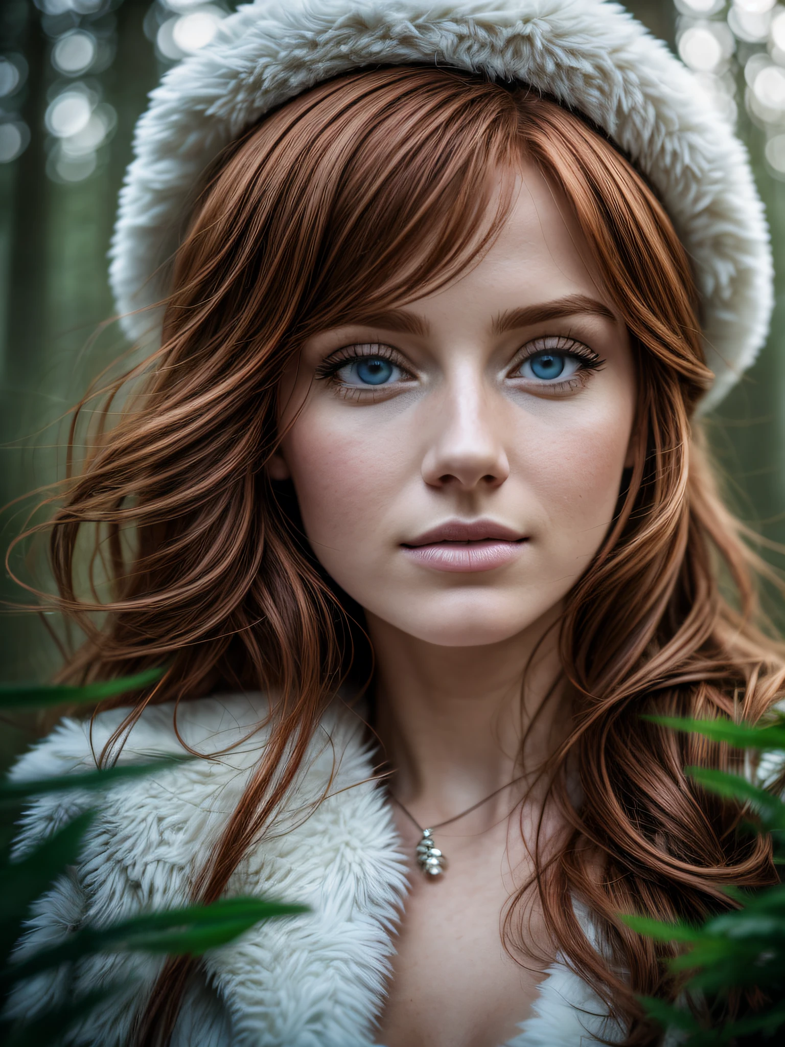 close up of a european woman, ginger hair, winter forest, (cleavage), natural skin texture, 24mm, 4k textures, soft cinematic light, RAW photo, photorealism, photorealistic, intricate, elegant, highly detailed, sharp focus, ((((cinematic look)))), soothing tones, insane details, intricate details, hyperdetailed, low contrast, soft cinematic light, dim colors, exposure blend, hdr, faded