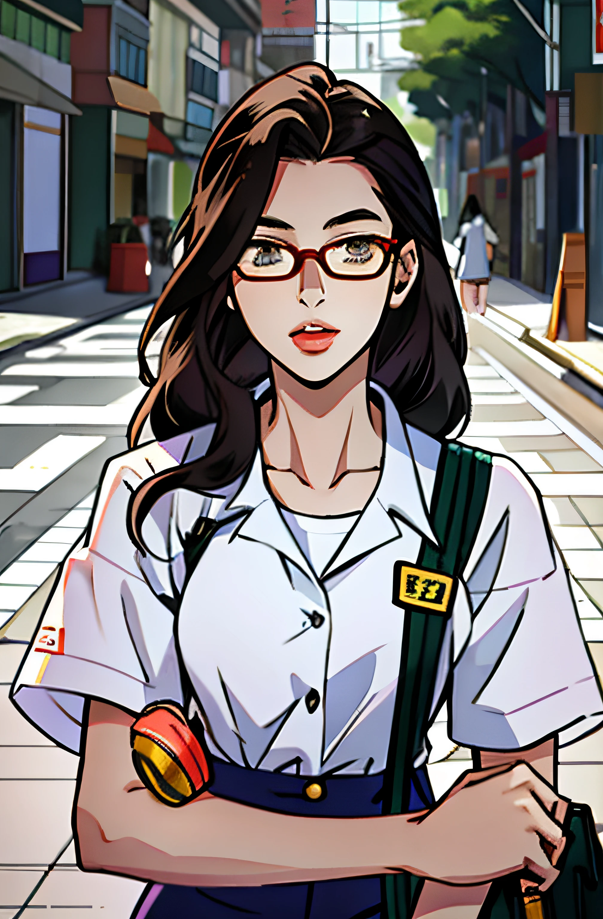 anime girl in glasses and a white shirt standing on a street, urban girl fanart, inspired by Sim Sa-jeong, inspired by Jang Seung-eop, realistic schoolgirl, inspired by Kim Jeong-hui, digital anime illustration, lofi girl, anime moe artstyle, school girl, korean girl, hyperrealistic schoolgirl, a hyperrealistic schoolgirl