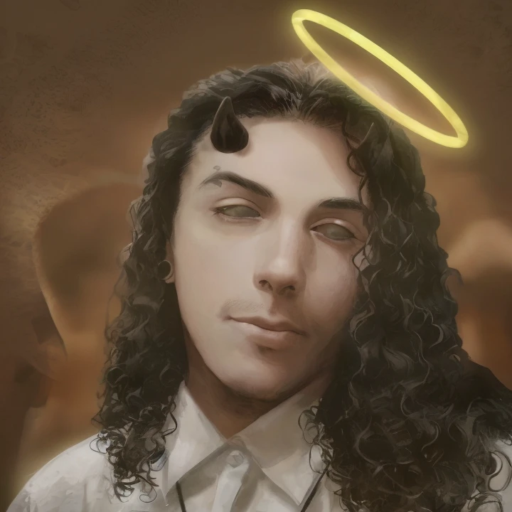 Joven de 18 anos, with a halo on his head and horns and a white shirt, , usando halo de anjo, , Retrato do Anjo da Morte, anjo preciso, macho com halo, possivelmente um anjo, Um anjo, halo de anjo, Jesus Raptor, anjo preciso,