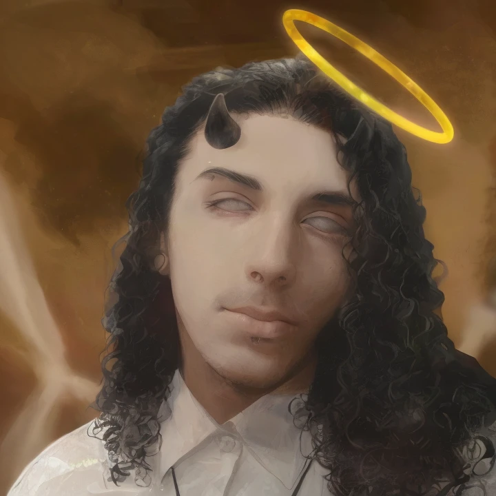 Joven de 18 anos, with a halo on his head and horns and a white shirt, , usando halo de anjo, , Retrato do Anjo da Morte, anjo preciso, macho com halo, possivelmente um anjo, Um anjo, halo de anjo, Jesus Raptor, anjo preciso,