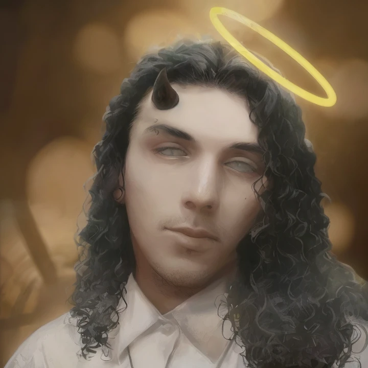 Joven de 18 anos, with a halo on his head and horns and a white shirt, , usando halo de anjo, , Retrato do Anjo da Morte, anjo preciso, macho com halo, possivelmente um anjo, Um anjo, halo de anjo, Jesus Raptor, anjo preciso,