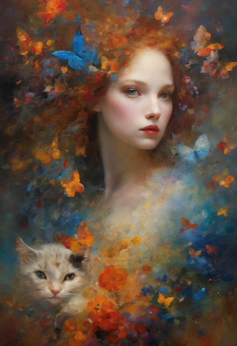 the chaos, elegan, Vivid colors, Fine Art:Anne Bachelier, Atmospheric,Tone of mandala、(Long-haired cats:1.4), elegan, butterflys, blooming flowers, On the move, Dramatic, Organic composition、masutepiece、Yayoi Kusama、