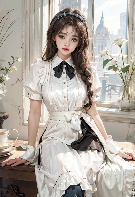 photorealistic, high resolution, soft light,1women, solo, hips up, shinning skin, (detailed face), jewelry, maid costume