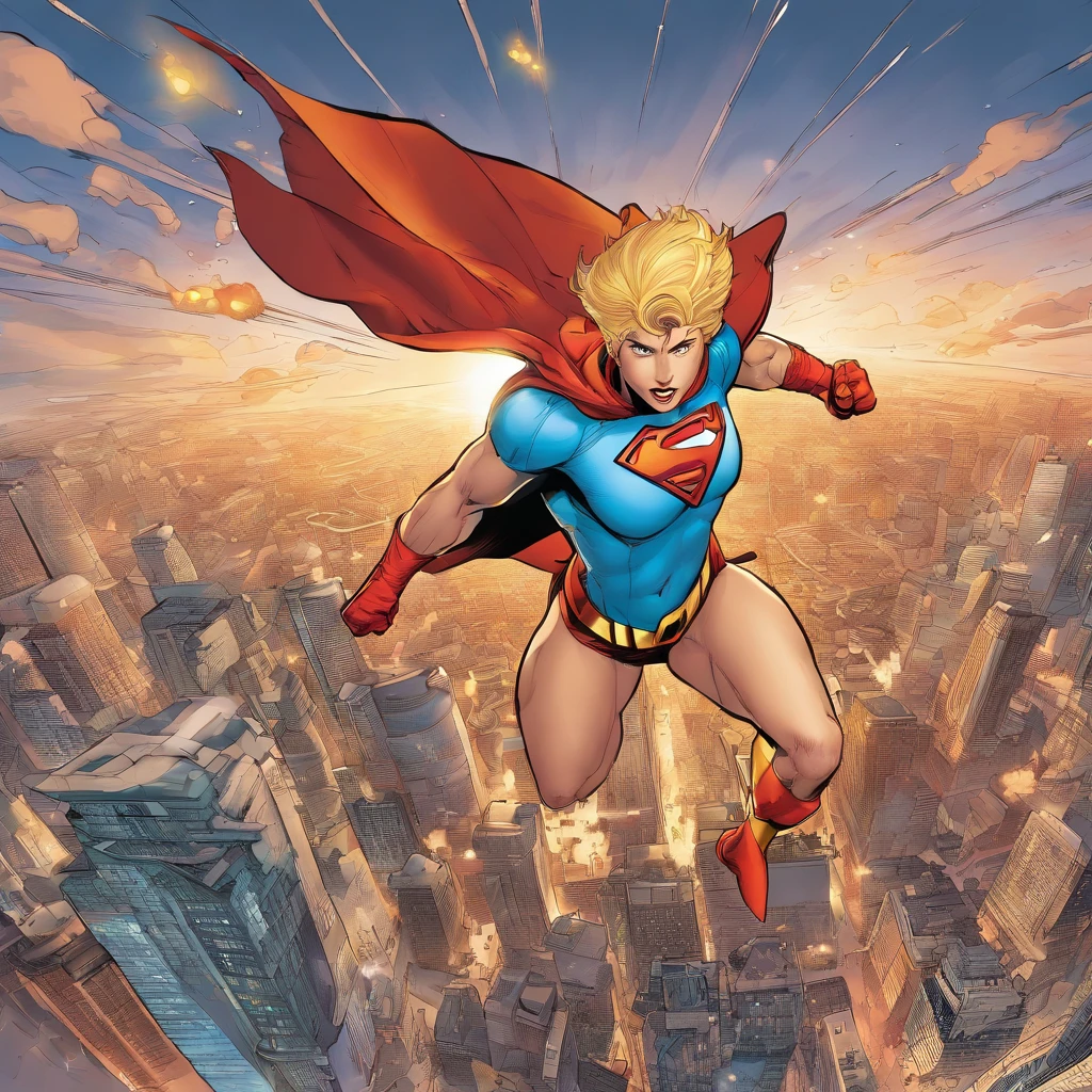 female Omni-Man from Invincible,muscular,short bob-cut blonde hair,(perfect eyes),(masterpiece:1.2),(heroic pose),(wearing cape),(detailed facial features), (sharp focus),vivid colors,studio lighting,(physically-based rendering),superhero,action-packed scene,city skyline in the background,flying in the air,debris and dust particles, (ultra-detailed),(realistic),(HDR),(extreme detail description),powerful expression,confident stance,devastation and destruction,sunlight shining through the clouds,dynamic composition, (highres,4k),intense energy emanating from the character