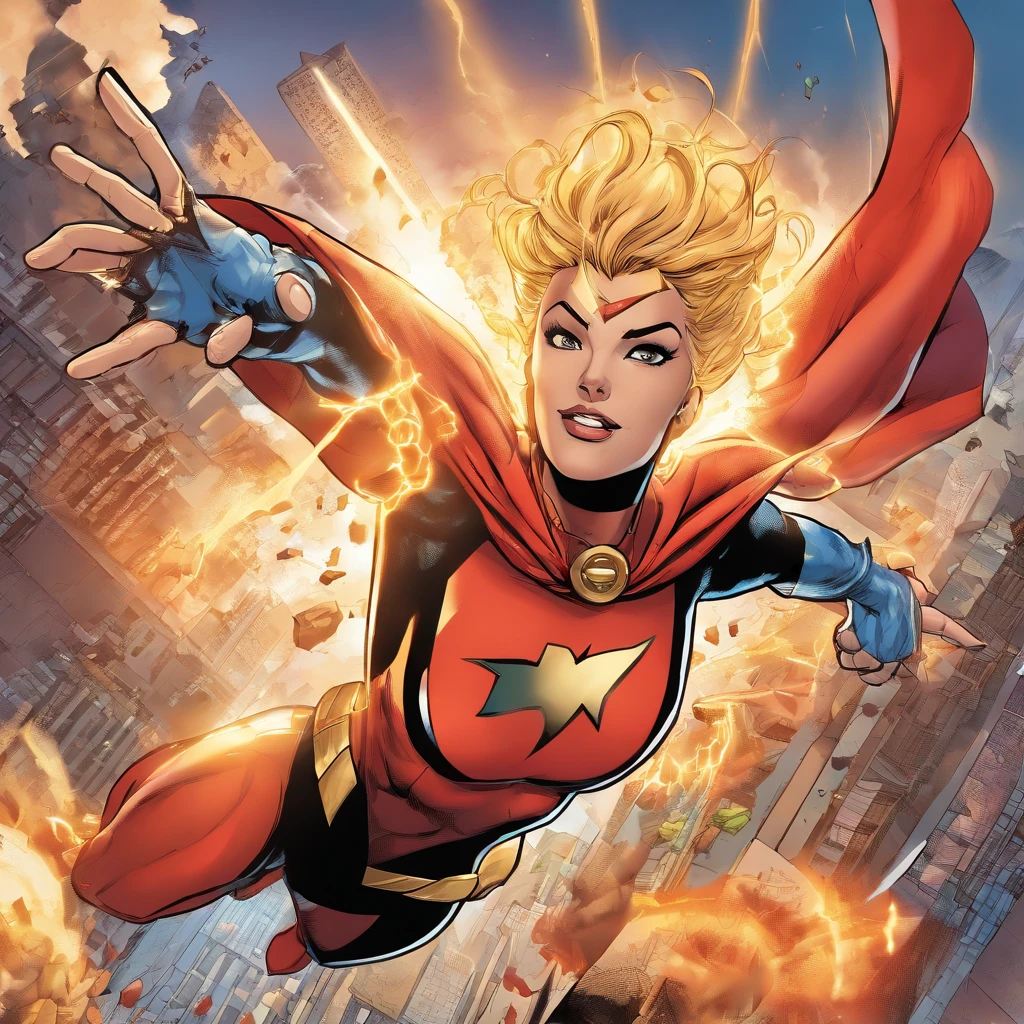 female Omni-Man from Invincible,muscular,short bob-cut blonde hair,(perfect eyes),(masterpiece:1.2),(heroic pose),(wearing cape),(detailed facial features), (sharp focus),vivid colors,studio lighting,(physically-based rendering),superhero,action-packed scene,city skyline in the background,flying in the air,debris and dust particles, (ultra-detailed),(realistic),(HDR),(extreme detail description),powerful expression,confident stance,devastation and destruction,sunlight shining through the clouds,dynamic composition, (highres,4k),intense energy emanating from the character
