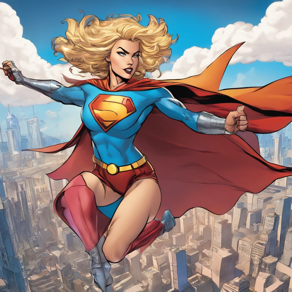 Young female, with blonde hair, wearing a tight blue long-sleeved shirt with the Superman symbol on the chest, defined breasts, wearing a red skirt and red boots, Wearing a red cape and flying in the sky