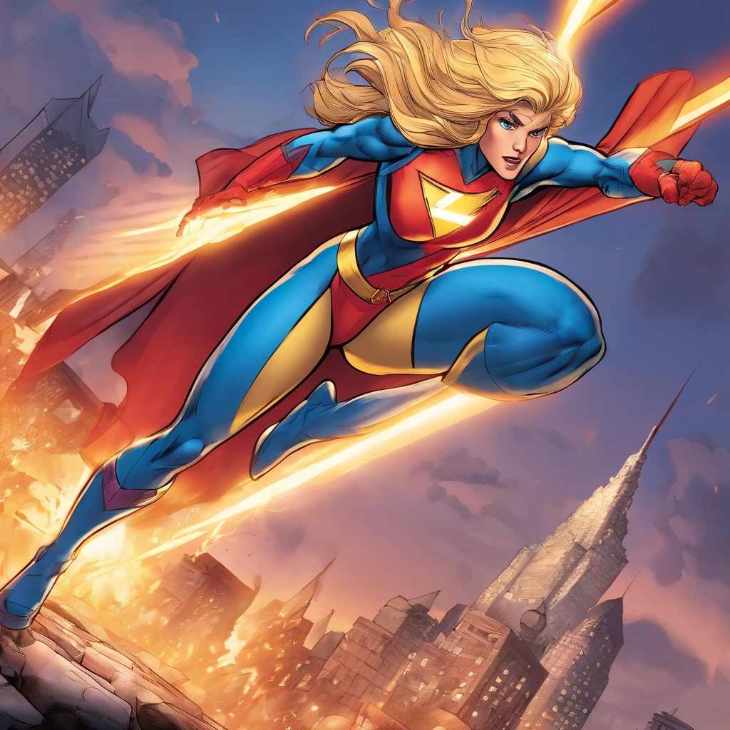 female Omni-Man from Invincible,muscular,short bob-cut blonde hair,(perfect eyes),(masterpiece:1.2),(heroic pose),(wearing cape),(detailed facial features), (sharp focus),vivid colors,studio lighting,(physically-based rendering),superhero,action-packed scene,city skyline in the background,flying in the air,debris and dust particles, (ultra-detailed),(realistic),(HDR),(extreme detail description),powerful expression,confident stance,devastation and destruction,sunlight shining through the clouds,dynamic composition, (highres,4k),intense energy emanating from the character