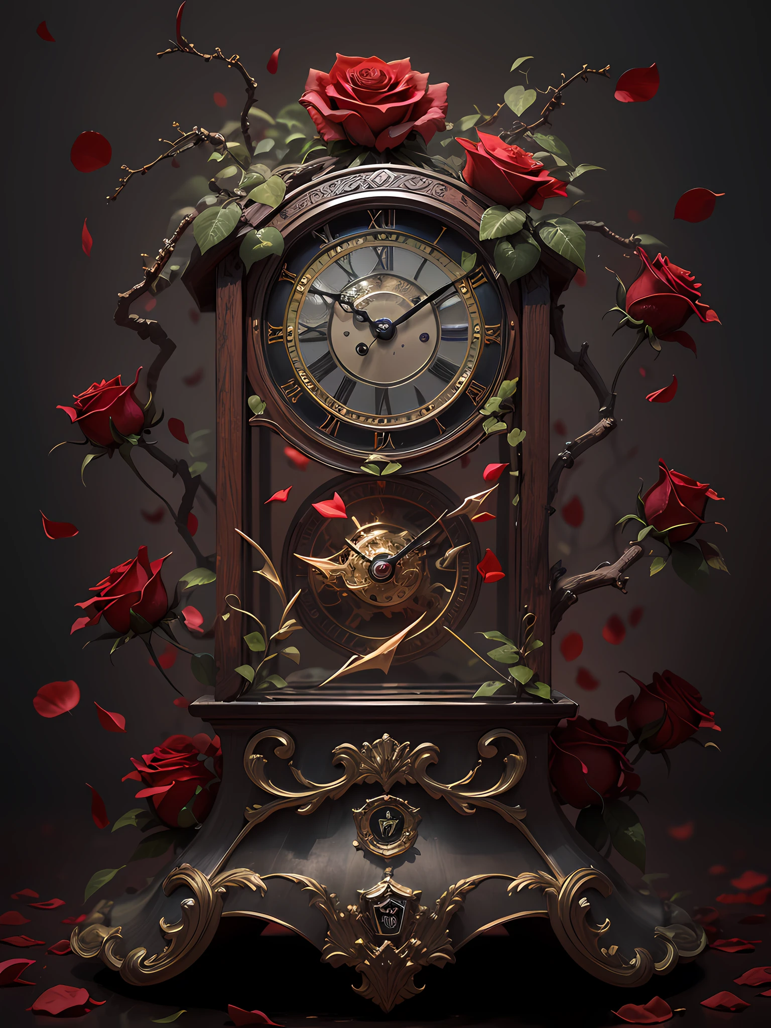 ((best quality)) , ((masterpiece)) , (detailed) , ((rose)) , (vine) , cage, bandage, red rope, (detail light) , falling rose petals, mundane, elegant, long shot of a Vampiric Superficial Ming Dynasty (Fantasy Clock:1.3) , it is smooth, it is forged by Versace, foliage and Petal background, dense fauna with Daisies, at Overcast, tilt shift, Sketch, Sad, Seapunk Art, specular lighting, 800mm lens, Vibrant Color, taiji, Film grain, trending on artstation, extremely hyper aesthetic, 8k resolution