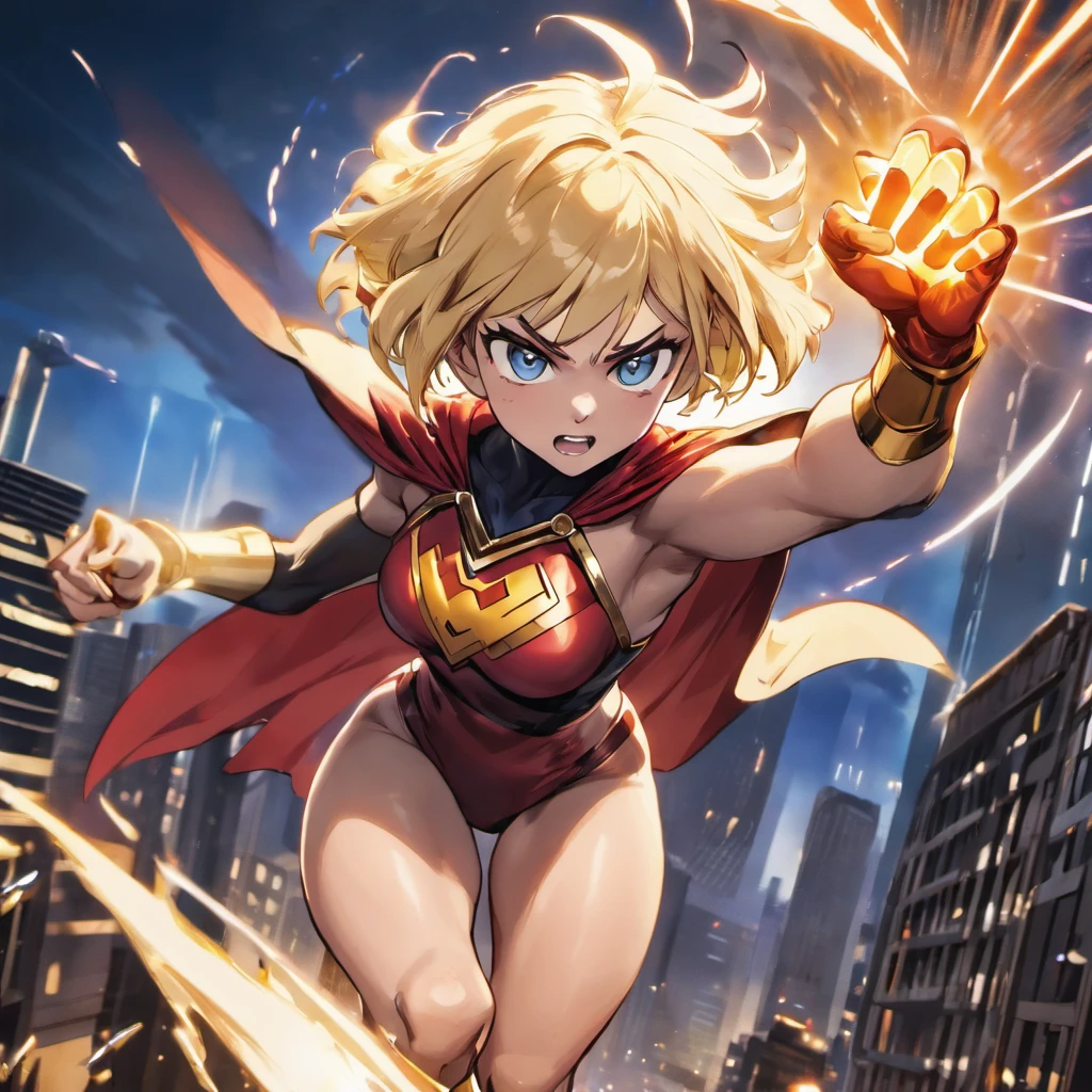 female Omni-Man from Invincible,muscular,short bob-cut blonde hair,(perfect eyes),(masterpiece:1.2),(heroic pose),(wearing cape),(detailed facial features), (sharp focus),vivid colors,studio lighting,(physically-based rendering),superhero,action-packed scene,city skyline in the background,flying in the air,debris and dust particles, (ultra-detailed),(realistic),(HDR),(extreme detail description),powerful expression,confident stance,devastation and destruction,sunlight shining through the clouds,dynamic composition, (highres,4k),intense energy emanating from the character
