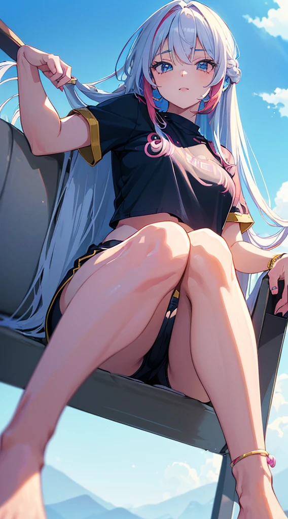 (Hand drawn anime,8K,best qualtiy,tmasterpiece,low angle shot,The perspective is from below:1.7),Close-up of the foot,take up close,(An enchanting beauty,sit on a bed,Reclining against the back of the chair,spread their legs,Place your elbows on your knees),friedly smile,(random hair style,Random hair color,Brightly colored hair,long whitr hair,Complex hair color,Complex hairstyles),(Cropped pants,Crotch bulge),(Modern clothing,Summer clothes,leisure wear),(Random pupil color,Complex pupil color),Barefoot