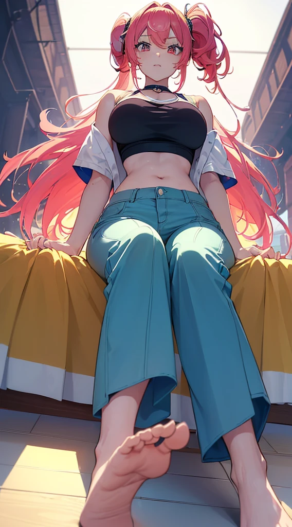 (Hand drawn anime,8K,best qualtiy,tmasterpiece,low angle shot,The perspective is from below:1.7),Close-up of the foot,take up close,(An enchanting beauty,sit on a bed,Reclining against the back of the chair,spread their legs,Place your elbows on your knees),friedly smile,(random hair style,Random hair color,Brightly colored hair,long whitr hair,Complex hair color,Complex hairstyles),(Cropped pants,Crotch bulge),(Modern clothing,Summer clothes,leisure wear),(Random pupil color,Complex pupil color),Barefoot