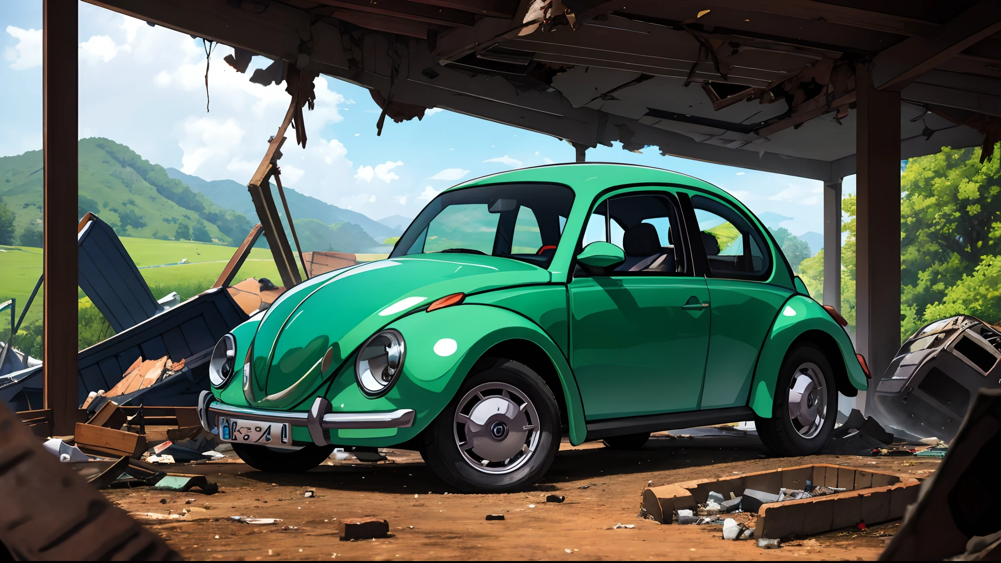 "Between wreckage and lost memories, An abandoned VW Beetle tells the silent story of a fast-paced past, agora capturado em uma imagem que ecoa a melancolia do abandono."