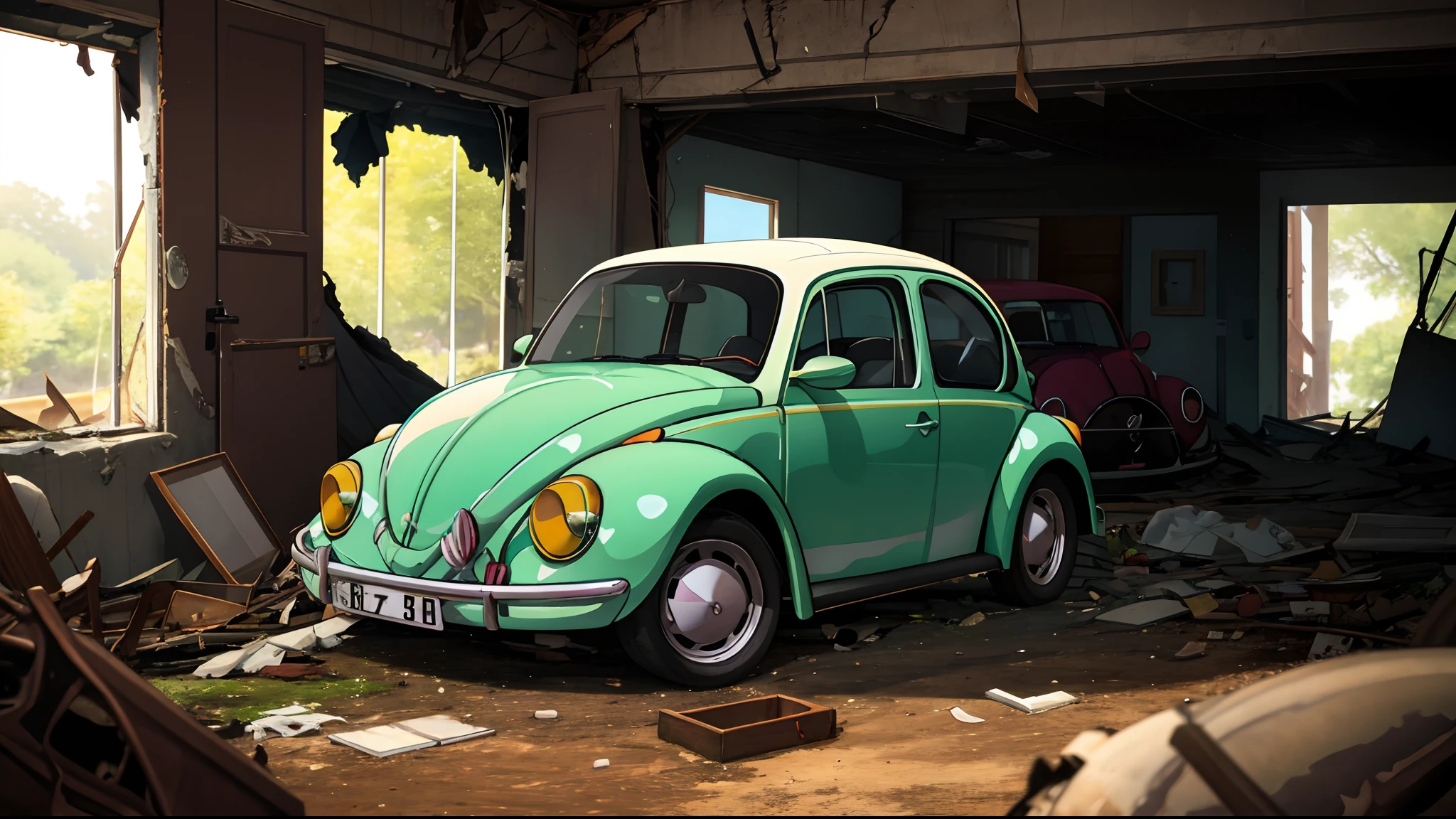 "Between wreckage and lost memories, An abandoned VW Beetle tells the silent story of a fast-paced past, agora capturado em uma imagem que ecoa a melancolia do abandono."