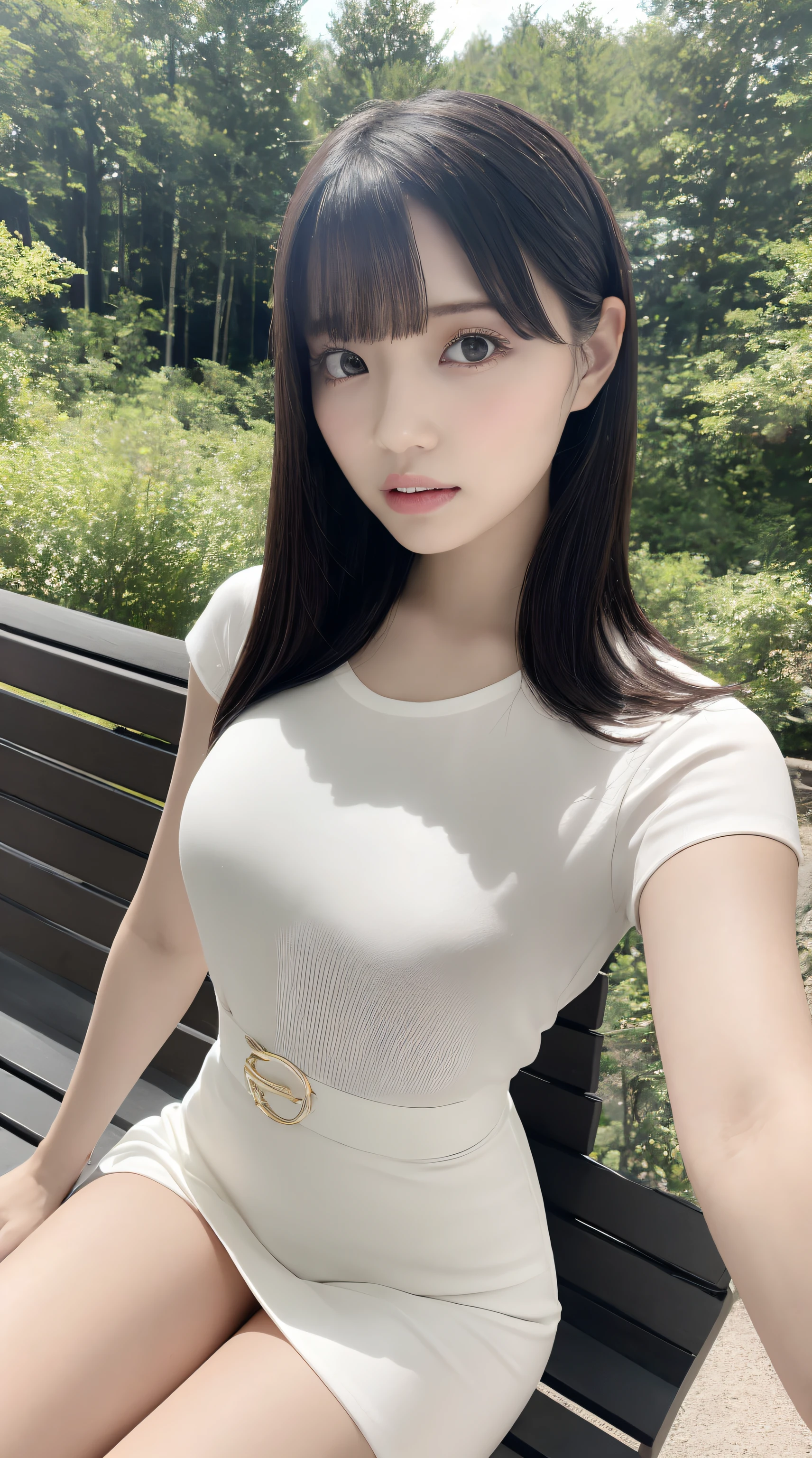 (Best Quality, masutepiece, Ultra HD: 1.3), 1girl in, （middlebreasts）, light brown hair, Asymmetrical hair, straight haired, Long hair,（ slender body shape, Constricted waist）,（Ultra Fine Face）, Delicate lips, （beautidful eyes）, thin blush, eyes are brown, perfect glossy skin,View here, （ hide one's hands）,（Sitting on a bench）,（thin and long legs, Thighs and toes:1.5), See-through white blouse, White tight skirt,（White pumps）,  (a japanese girl,hposing Gravure Idol),Broad-leaved forest