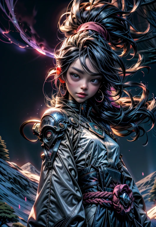 (absurdres,official art,unity 8k wallpaper,ultra detailed,High quality,best quality),(best quality, masterpiece),(1girl, miko, coat, expression face, black eyes, looking at front ,black hair, walking, upper body), (night strray sky, huge old tree behind, falling glowing pink petals behind, shrine behind, mountain background, blowing wind, meteoric cloud)