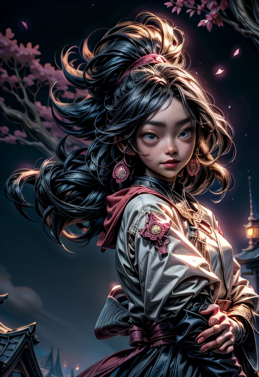 (absurdres,official art,unity 8k wallpaper,ultra detailed,High quality,best quality),(best quality, masterpiece),(1girl, miko, coat, expression face, black eyes, looking at front ,black hair, walking, upper body), (night strray sky, huge old tree behind, falling glowing pink petals behind, shrine behind, mountain background, blowing wind, meteoric cloud)