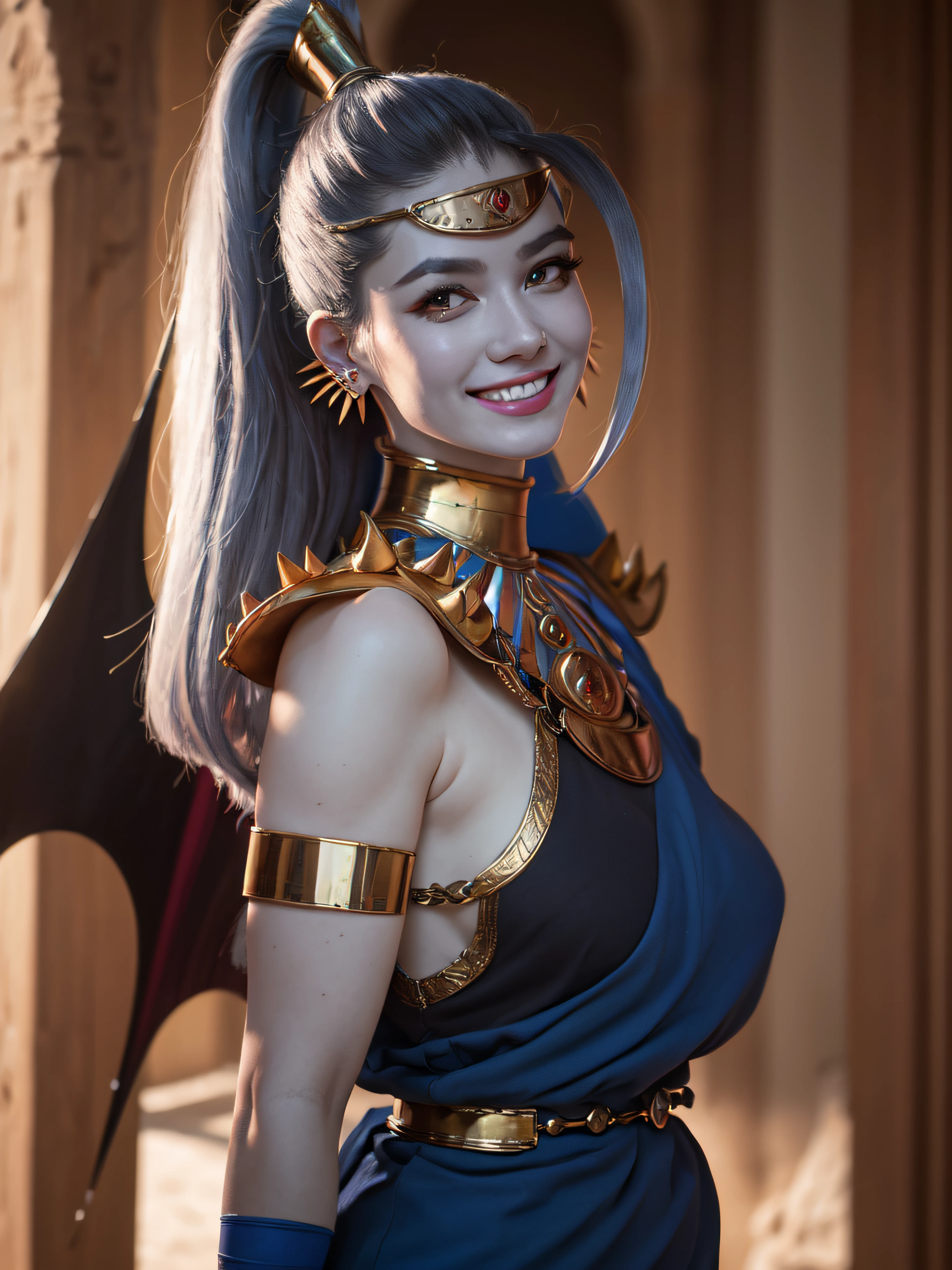 megaera, 1girl, solo, ponytail, colored skin, breasts, piercing, ear piercing, blue skin, single wing, gorget, greek clothes, facing viewer, looking at viewer, smile