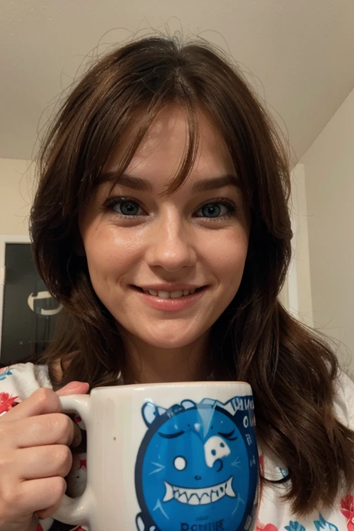 Holding in her hands, a white printed mug, the mug has a funny pictured on it, the cute lady in her 30's, brown hair, big smile, bright blue eyes, holds this printed mug, bright room, closeup of her face and mug