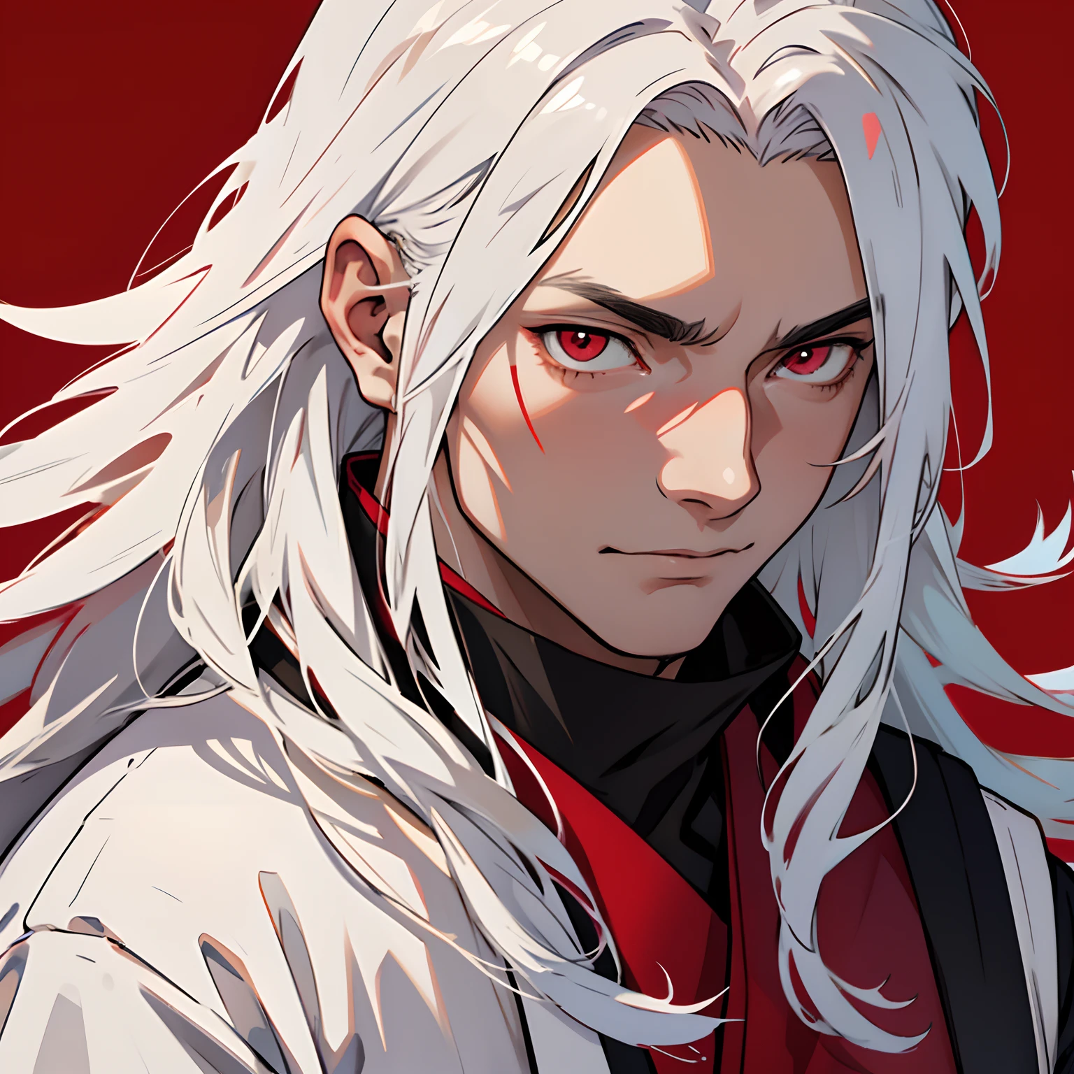 anime adult man, long white hair, red eyes, red wings on his back, japanese-style clothing, simple background, close-up headshot