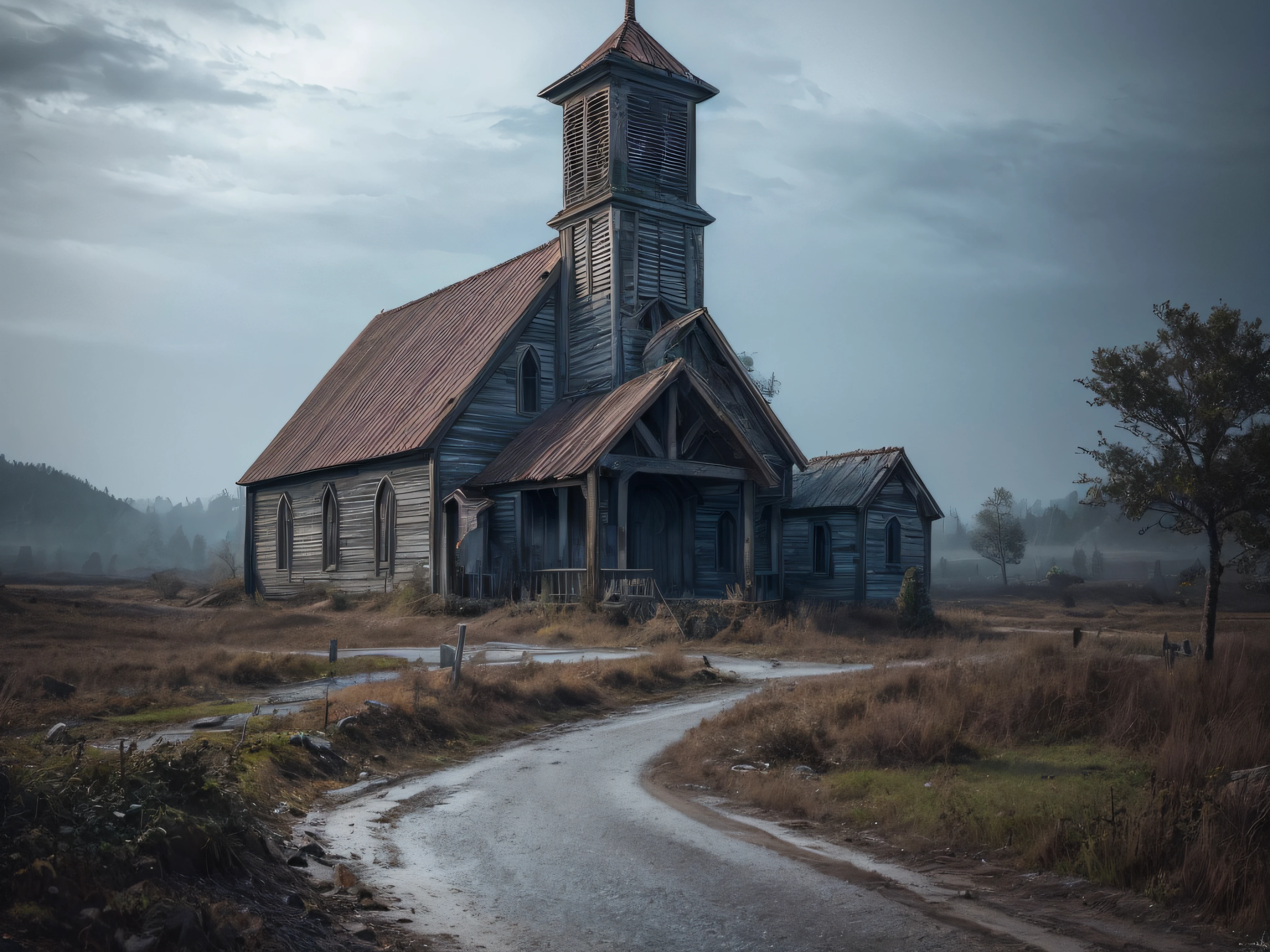abandoned rustic church,watercolor,clipart,very detailed,eerie,crows,dark fantasy,Luminosity Homogeneous dispersion:25 (best quality,4k,8k,highres,masterpiece:1.2),ultra-detailed,(realistic,photorealistic,photo-realistic:1.37),HDR,UHD,studio lighting,ultra-fine painting,sharp focus,physically-based rendering,extreme detail description,professional,vivid colors,bokeh,portraits,landscape,horror,anime,sci-fi,photography,concept artists,cold and desaturated tones,dramatic lighting