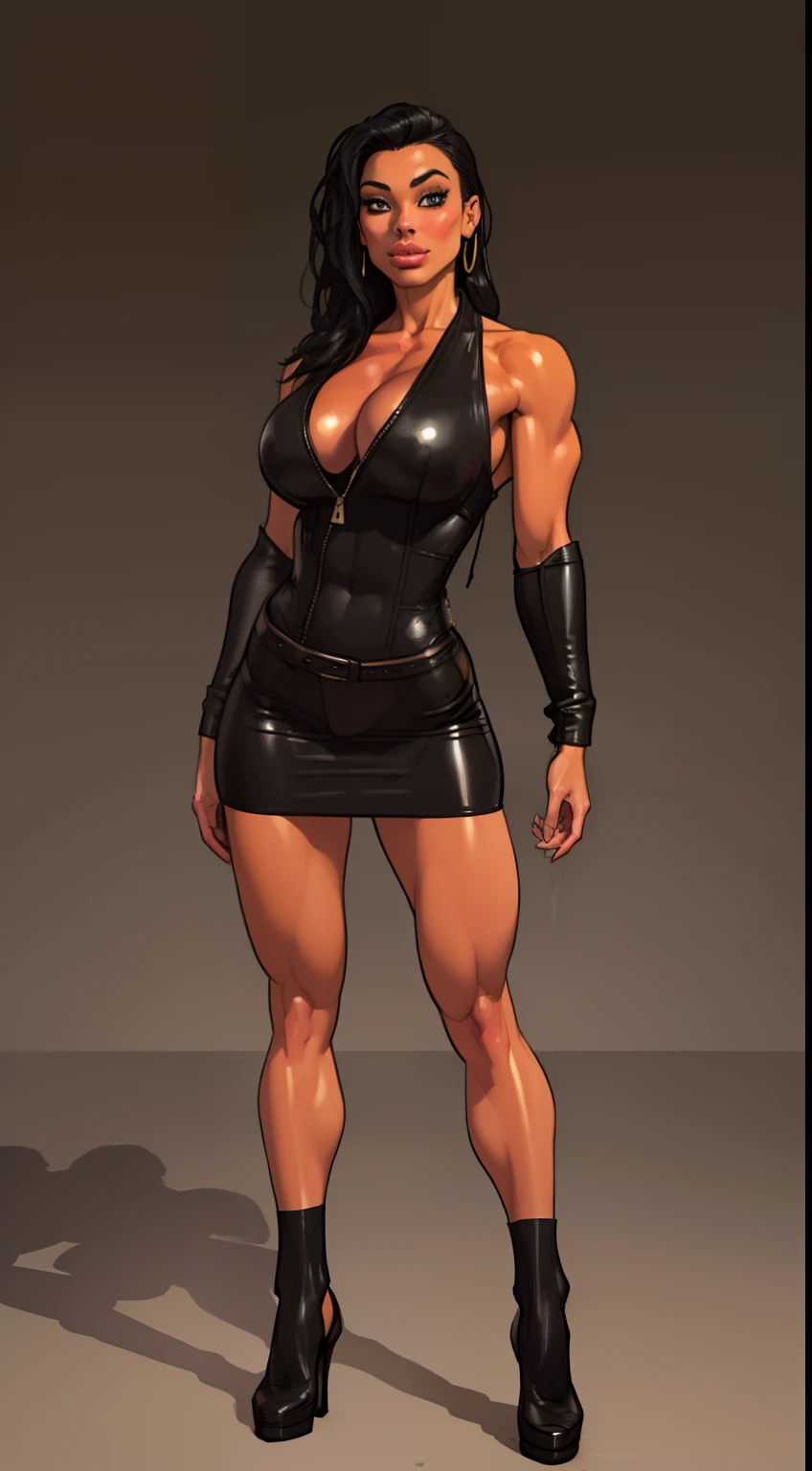((full body view:1.4)) Masterpiece, ((Thepit Style:1.4)), Drawing of a female magician, African Woman Appearance, (black leather:1.5), muscled body, Feminine, Huge upper body, wide shoulders, veins, beatiful face, full lips, slim face, high cheekbones, muscular, in the art style of mohrbacher, In the style of Peter Morbacher