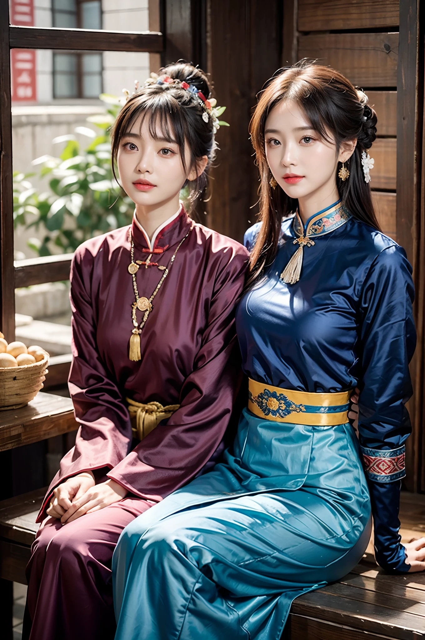 （8K分辨率，Vista full body photo），（closeup portrait of two women,sitting together,Detailed Face, front view, Look at the camera,duo,stroking,leering:1.4,20yr old,delicate face，详细的脸，Redlip，Fair smooth skin，（Classic Hmong costume：1.4，（Satin fabric with flowers，The cuffs are multi-colored horizontal strips，Cardigans，Short waist long version），Silver products，Silver necklace，silver hair clip，hair-bun），（pleatedskirt，（Hmong embroidery、batik）），耳Nipple Ring，bangle，Tall and tall，Posture of conversation，perfect hand，Ultra-fine clothing material），（Traditional Xijiang Miao village，Festive party night background in cottage，Exquisite environmental details），（exhilarated，confident smile，Rejoice），（profesional lighting，动态照明），（（The colors are more balanced，（black in color，blue colors，red colour））），（Golden section，Cinema lenses，Hasselblad photograp，tmasterpiece：1.3），（Miaozhai idol，Focus on the field，trendsetting，Folklore artist，Art platform）