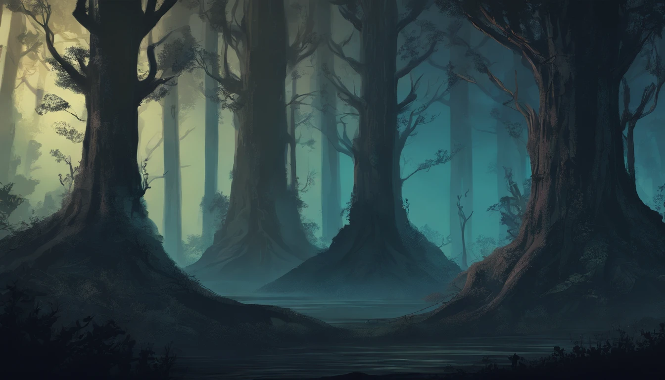 dark and dense forest at night with tall trees and thick tree roots and no parting in the center