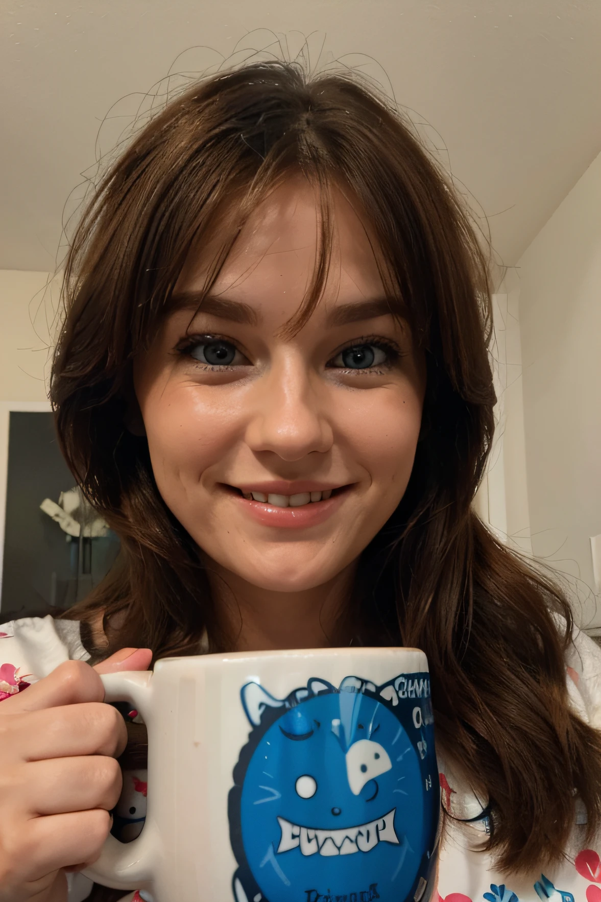 Holding in her hands, a white printed mug, the mug has a funny pictured on it, the cute lady in her 30's, brown hair, big smile, bright blue eyes, holds this printed mug, bright room, closeup of her face and mug