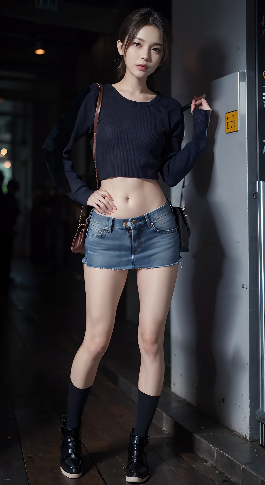 (masuter piece:1.3)、(8K、Photorealsitic、Raw photography、top-quality: 1.4)、(real looking skin)、Beautiful skins、absurderes、enticing、超A high resolution、A hyper-realistic、high-detail、the golden ratio、((wide open abdomen))、((open abdomen))、((wide open navel))、((open navel))、((Bare belly))、((Wide open hip bones))、((Open hip bones))、((Bare hip bones))、((Mid-Riff Sweater))、((Mid-Riff Sweater))、((Ultra-low rise、Denim Mini Skirt))、 ((Navel Ejection))、((small hips))、((long limbs))、((Full body depiction))、((small hip))、((Ultra-low rise))、((Denim Mini Skirt))、((is standing))、 ((wide open abdomen))、((open abdomen))、((wide open navel))、((open navel))、((Bare belly))、((Mid-Riff Sweater))、((Ultra-low rise、Denim Mini Skirt))、 ((Navel Ejection))、((small hips))、((small hip))、((Ultra-low rise))、((Denim Mini Skirt))、